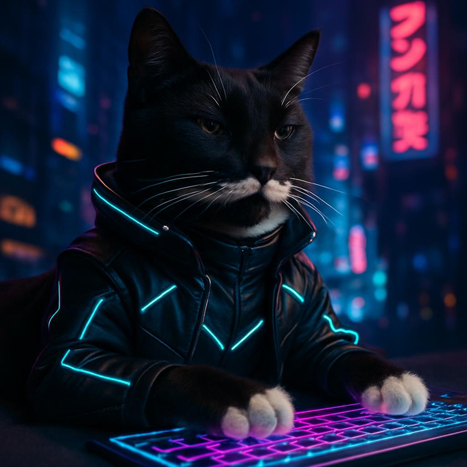 Cyber Hacker style cat portrait result with neon effects and futuristic elements - AI pet artwork